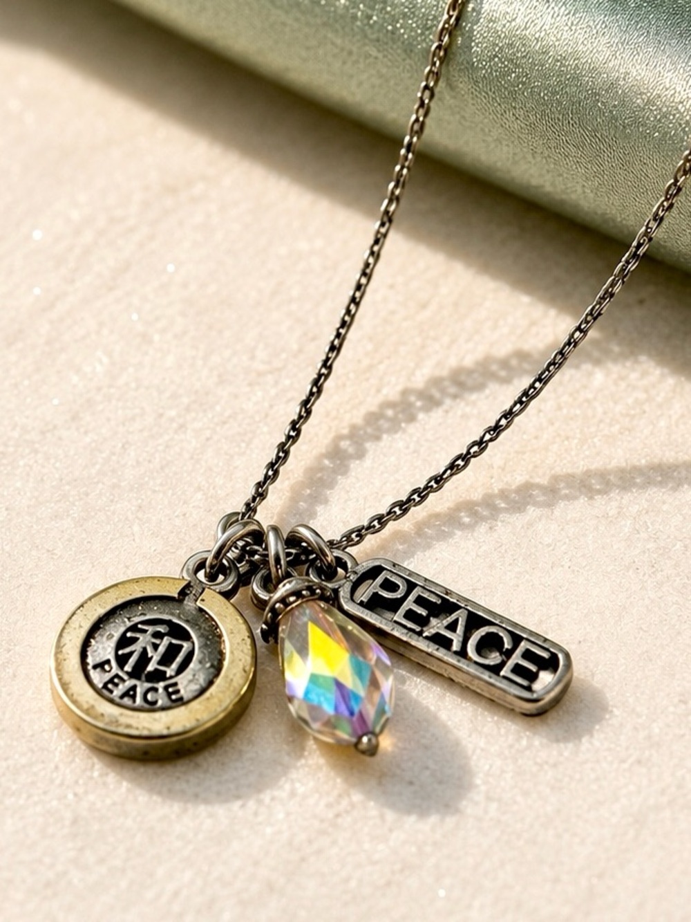 Brighton Peace Charm Necklace Silver Gold Crystal Pendant 16” Vintage